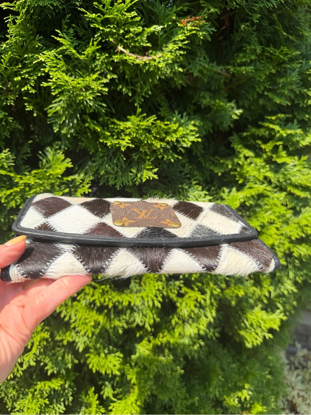 Upcycled Louis Vuitton Patch Black & White Diamond Cowhide Wallet - Picture 5 of 15